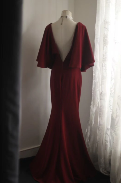 Vintage V Neck Burgundy Satin Mermaid Evening Dress Backless Long Birthday Party Dress D1272