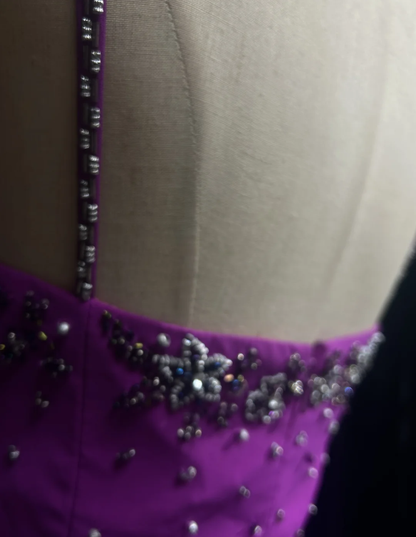 Classy Spaghetti Straps Purple Chiffon Beaded Long Wedding Guest Dress Formal Birthday Prom Dress Party Gown D1937