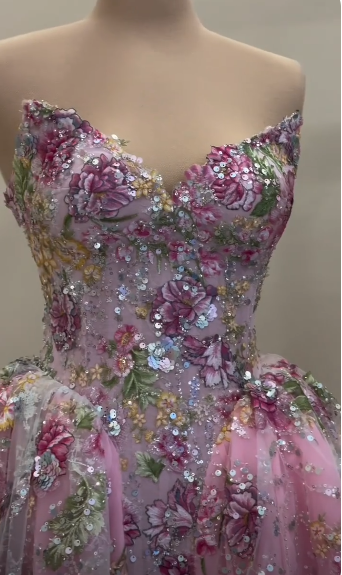 Gorgeous Pink Tulle Sequin Floral A Line Short Homecoming Dress,Formal 15th Birthday Outfits D3739