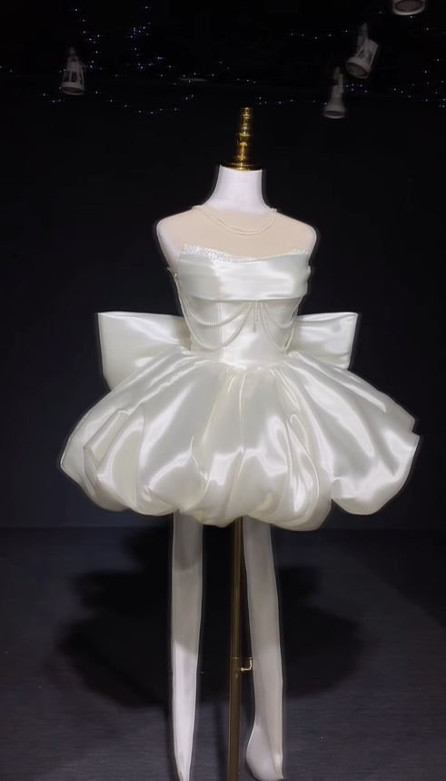 Charming White Strapless Satin Beaded A Line Short Birthday Dress Homecoming Dress With Bow D3146