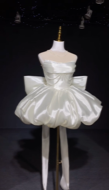 Charming White Strapless Satin Beaded A Line Short Birthday Dress Homecoming Dress With Bow D3146