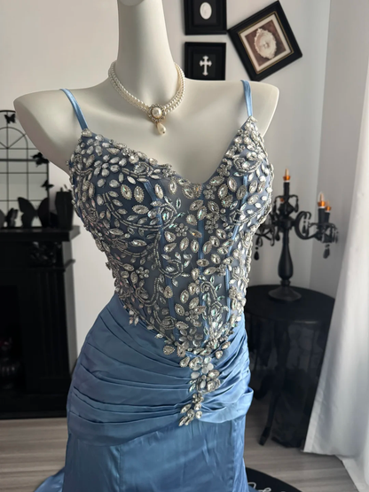 Elegant Spaghetti Straps Blue Satin Beaded Mermaid Evening Dress Long Party Gown D3703
