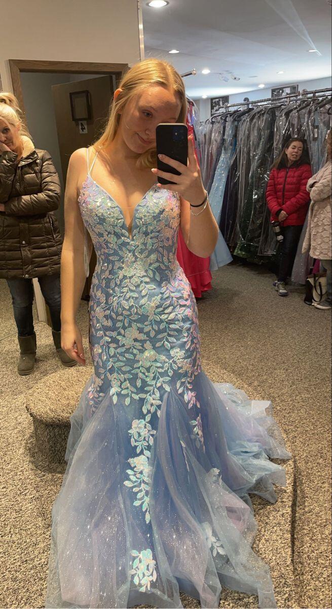 Pretty Spaghetti Straps Blue Tulle Sequin Mermaid Long Party Dress Birthday Prom Dress D5072