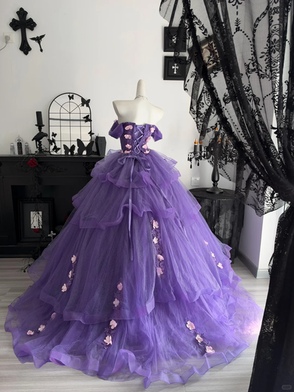 Pretty Purple Quinceanera Dress Off The Shoulder Tulle Appliques Sweet 15 16 Dress D4704