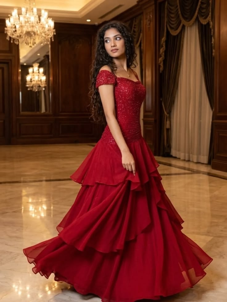 Charming Red Sequin Chiffon Layered A Line Long Party Dress Prom Dresses D4817