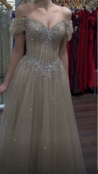 Elegant Champagne Tulle Sequin Beaded A Line Long Party Dress Off The Shoulder Long Birthday Evening Dress D4633