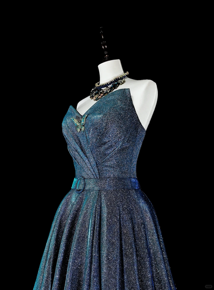 Classy Strapless Satin Sequin Blue Long Evening Dress Prom Dress D5390