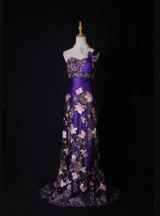 Charming Purple One Shoulder Satin Pleated Beaded Mermaid Prom Dress Evening Gown With Embroidery Appliques D2277