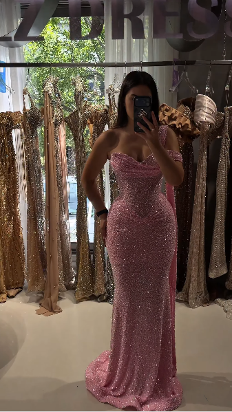 Luxurious Pink One Shoulder Sequin Mermaid Long Evening Dress Birthday Prom Dress D5254