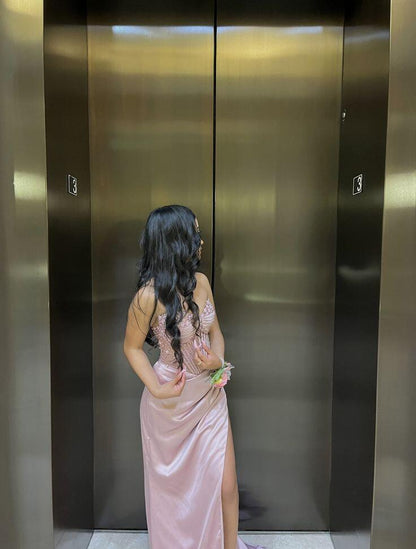 Pretty Pink Satin Beaded Slit Mermaid Long Party Dress Evening Gown D5181