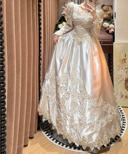 Charming White Off The Shoulder Satin Beaded Appliques Ball Gown Long Wedding Dress Bridal Dress D2035