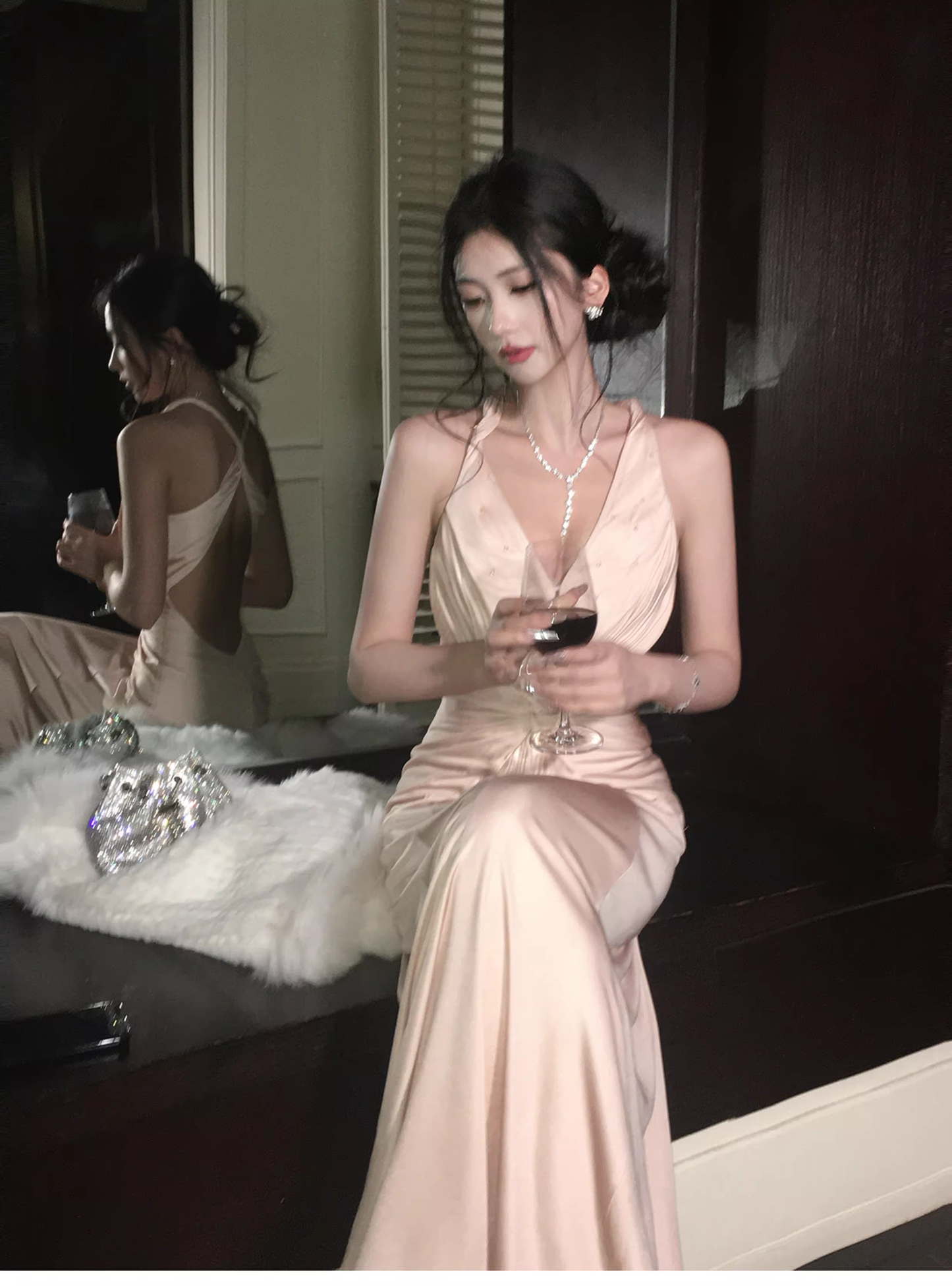 Classy Coral Powder Halter V Neck Satin Beaded Mermaid Long Party Dress Backless Evening Gown D2182