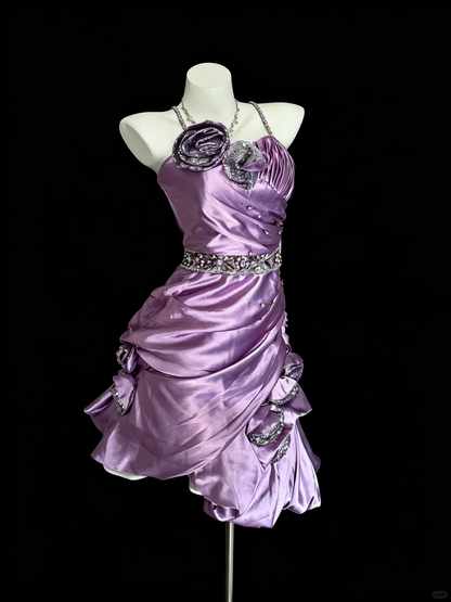 Pretty Spaghetti Straps Satin Beaded Short Party Dress Purple Short Homecoming Dress D5217