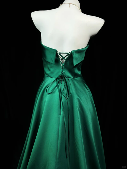 Vintage Strapless Satin A Line Long Wedding Guest Dress Green Birthday Evening Dress Prom Gowns D2518