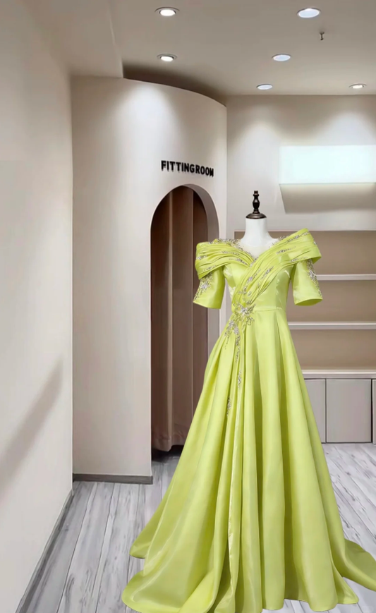 Unique Lemon Green Satin Pleated Ball Gown Long Party Dress With Beads D2383