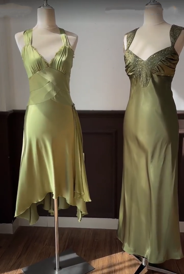 Classy Sage Green Sleeveless Satin Mermaid Party Dress Long Wedding Guest Dress D2892