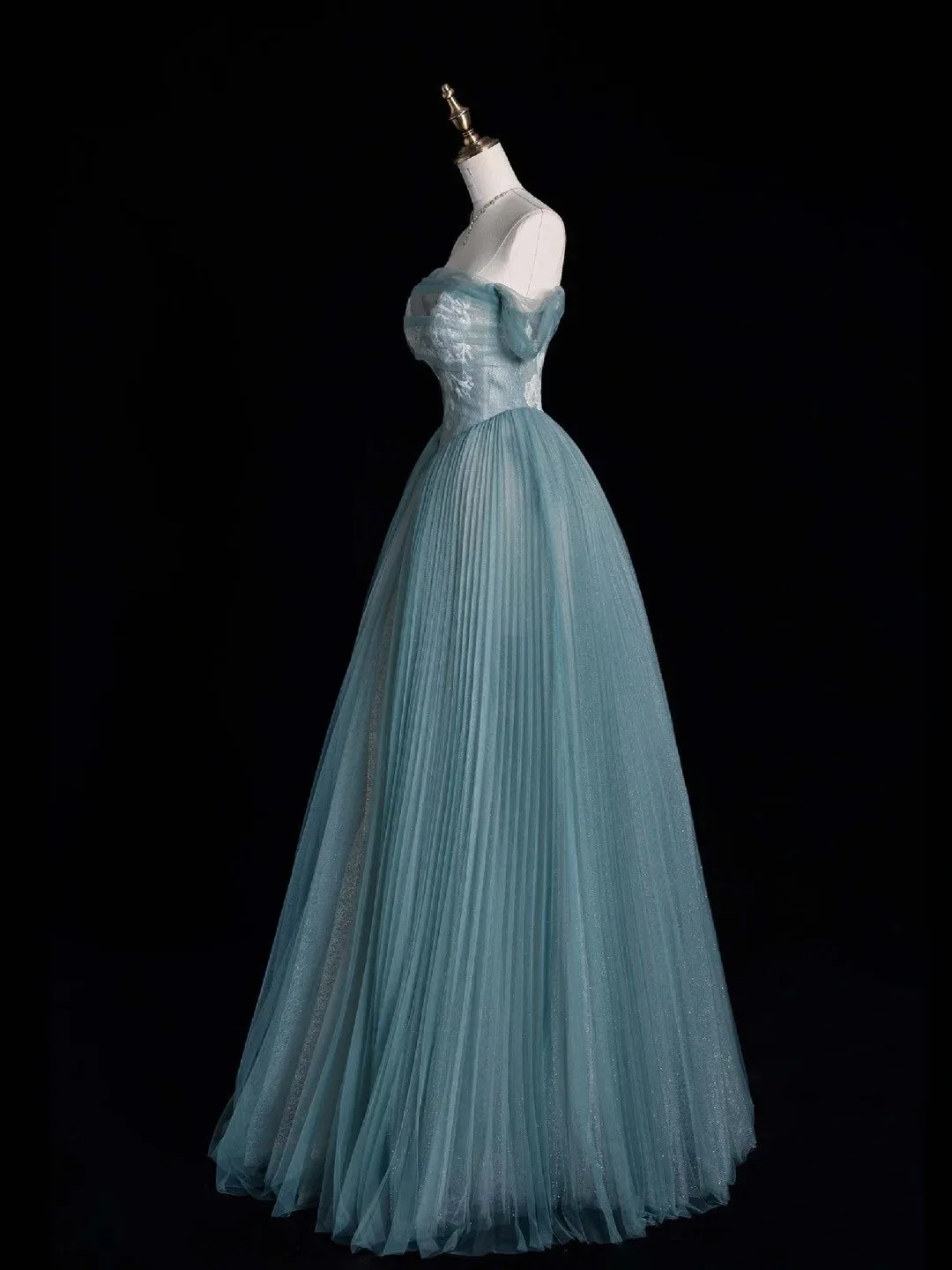 Classy Ball Gown Off The Shoulder Blue Tulle Pleated Sequin Long Party Dress Evening Gowns D4831