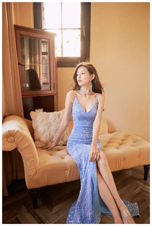 Sparkly Spaghetti Straps V Neck Blue Sequin Mermaid Slit Long Evening Dress Formal Wedding Guest Dress D2404