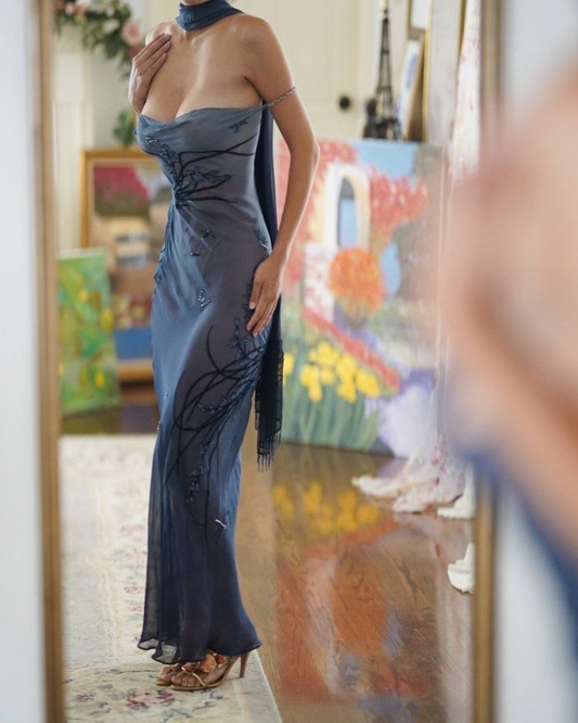 Classy Spaghetti Straps Blue Chiffon Beaded Mermaid Evening Dress Long Birthday Party Gown With Ribbon D1866