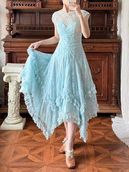 Vintage Sleeveless Lace Long Wedding Guest Dress,Blue Party Dress Prom Dress D2912