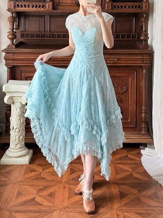 Vintage Sleeveless Lace Long Wedding Guest Dress,Blue Party Dress Prom Dress D2912