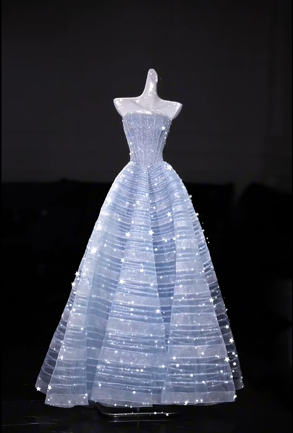 Glamorous Strapless Tulle Sequin Beaded Evening Dress Light Blue Long Birthday Party Dress D5206