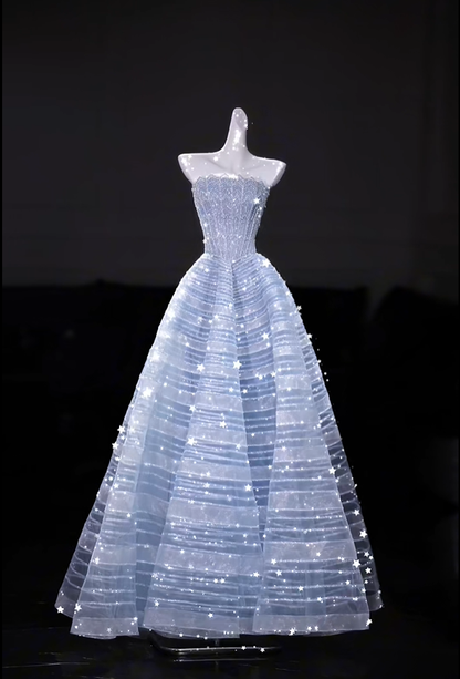 Glamorous Strapless Tulle Sequin Beaded Evening Dress Light Blue Long Birthday Party Dress D5206