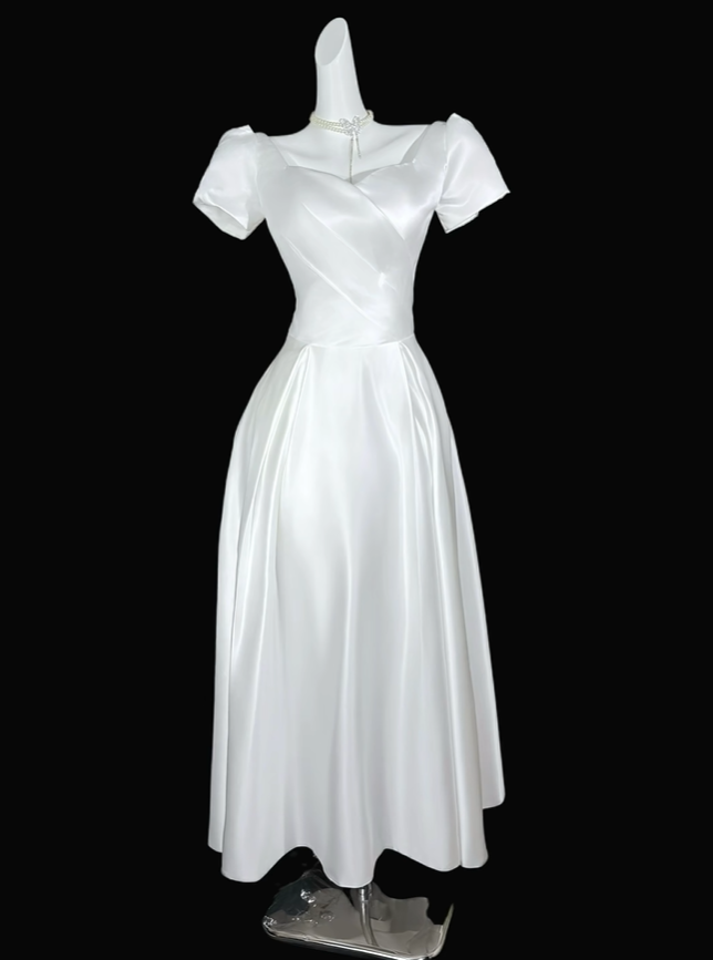 Elegant White Satin A Line Long Party Dress Birthday Prom Dresses D4163