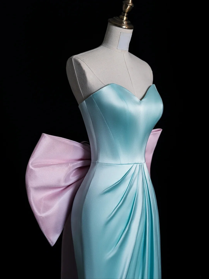 Stunning Sweetheart Neck Blue Satin With Bow-knot Party Dresses Mermaid Long Evening Dress D4849