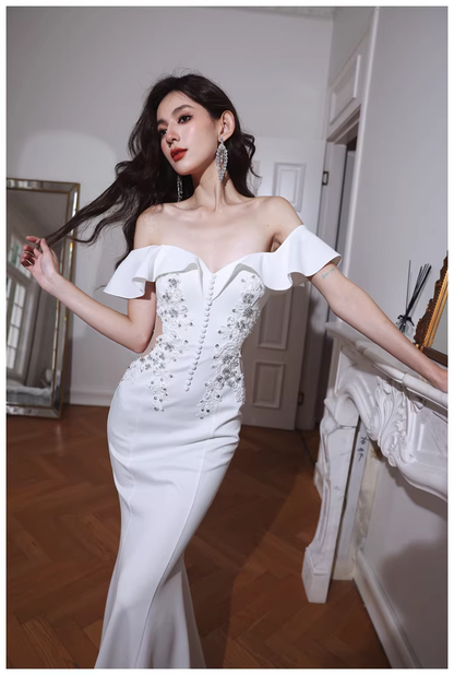 Elegant Off The Shoulder White Satin Appliques Mermaid Evening Dress Long Wedding Guest Dress D2430