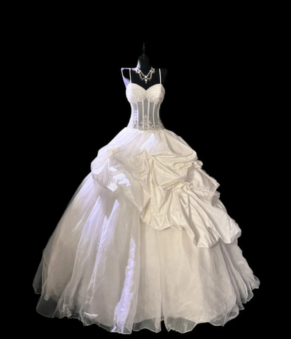 Pretty Spaghetti Straps Tulle Satin Pleated Beaded White Formal Wedding Dress Bridal Dress D552