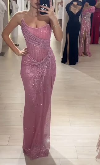 Glamorous Pink Sequin Slit Sheath Long Prom Dress Strapless Long Party Gown D5124