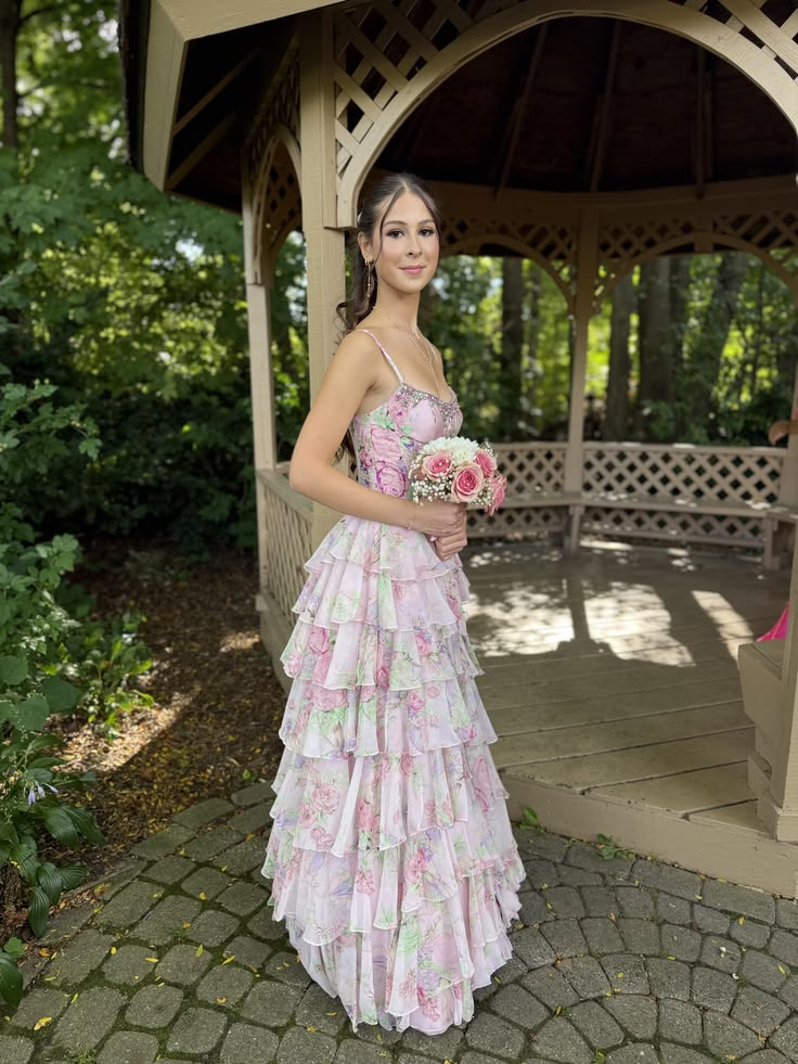 Charming Chiffon Print Floral Ruffles Layered Long Party Dress Pink Slit Long Evening Gowns With Beads D5040