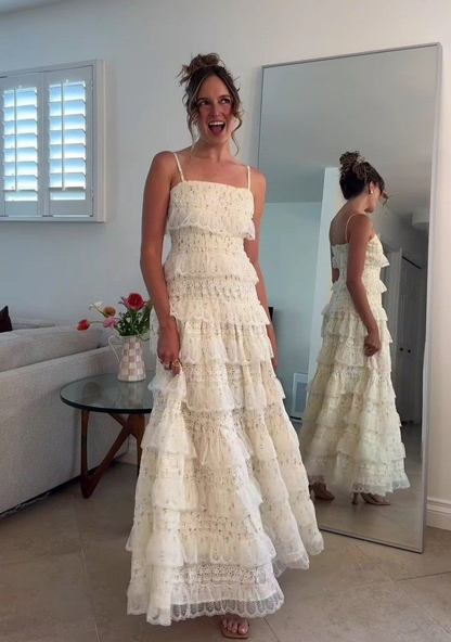 Pretty Spaghetti Straps Satin Floral Lace Ruffles A Line Long Party Dress Prom Gown D5036