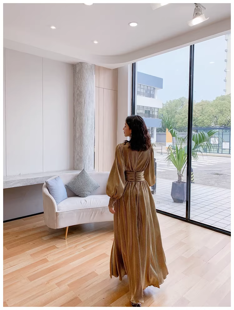 Unique Gold V Neck Satin Pleated Slit A Line Long Evening Dress Formal Wedding Guest Dress D2433