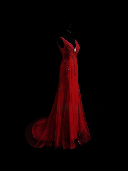 Charming Red V Neck Satin Tulle Mermaid Evening Dress Long Prom Dress D752