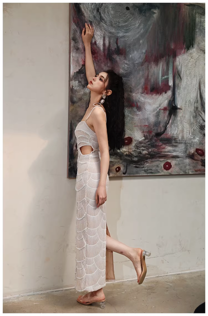 Unique Spaghetti Straps Sequin Pearls Sheath Slit Long Party Dress Birthday Evening Gown D2452