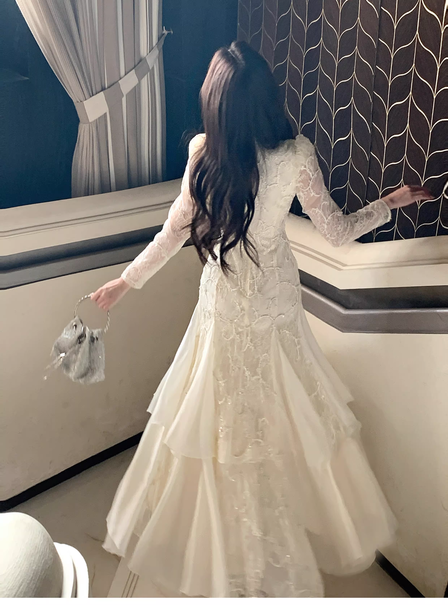 Pretty Beige Tulle Lace Mermaid Long Evening Dress Birthday Prom Dress D2181