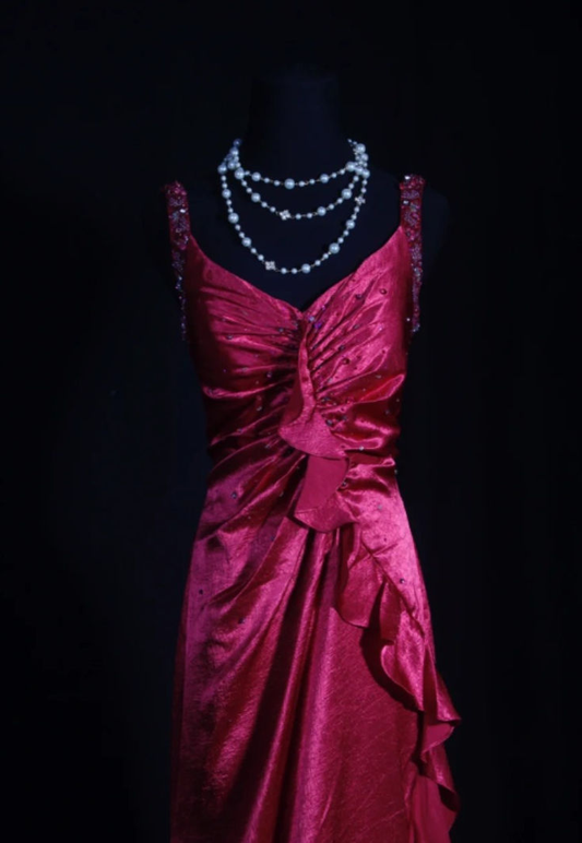 Pretty V Neck Hot Pink Satin Pleated Beaded Ruffles Mermaid Evening Dress Long Prom Dress D1202
