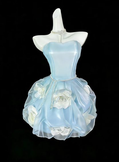 Chic Strapless Tulle 3d Floral A Line Short 17th Birthday Outfits,Blue Short 7th Grade Homecoming Dress D4192