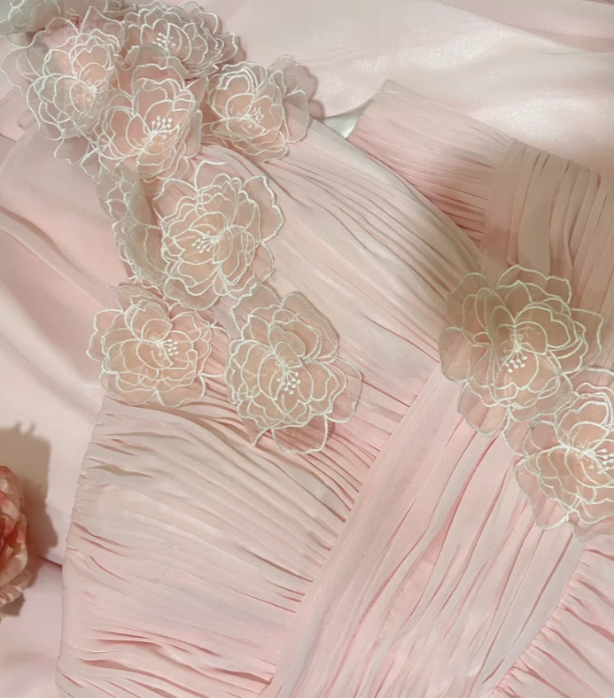Classy Pink One Shoulder Chiffon Pleated Appliques Long Party Dress Prom Dress Formal Wedding Guest Dress D2114