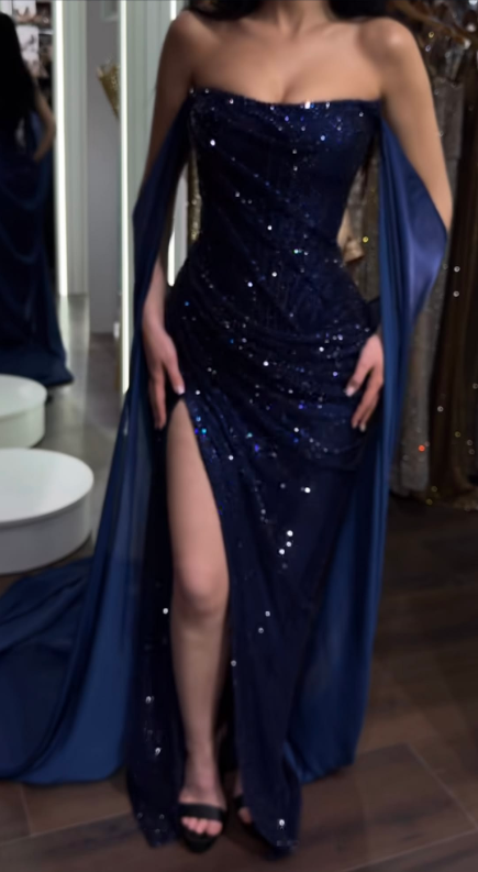 Sparkly Strapless Navy Blue Sequin Slit Long Party Dress Birthday Prom Dress D5147