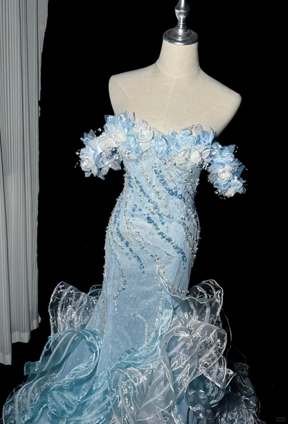 Glamorous Light Blue Mermaid Long Evening Dress Off The Shoulder Tulle Sequin Applique Party Dress D5168