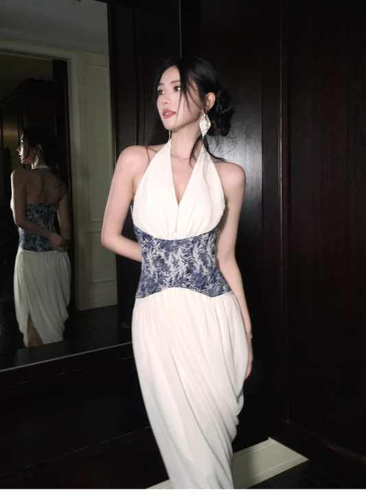 Unique Halter V Neck White Chiffon Pleated Long Prom Dress Birthday Evening Dress D2185