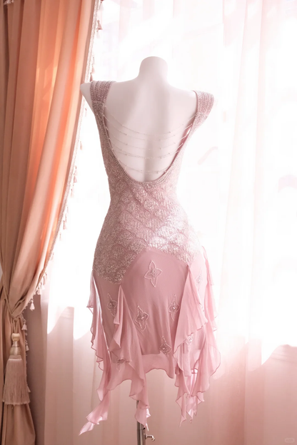 Pretty Pink Sleeveless V Neck Chiffon Sequin Sheath Backless Short Homecoming Dress Birthday Outfits D2743