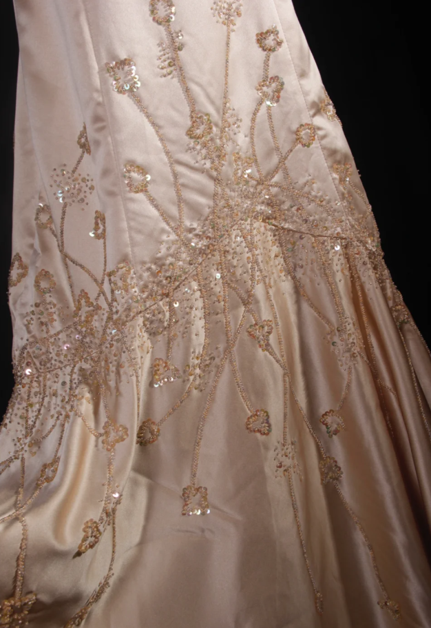 Fashion Spaghetti Straps Gold Satin Beaded Mermaid  Long Party Dress Evening Dress D2249