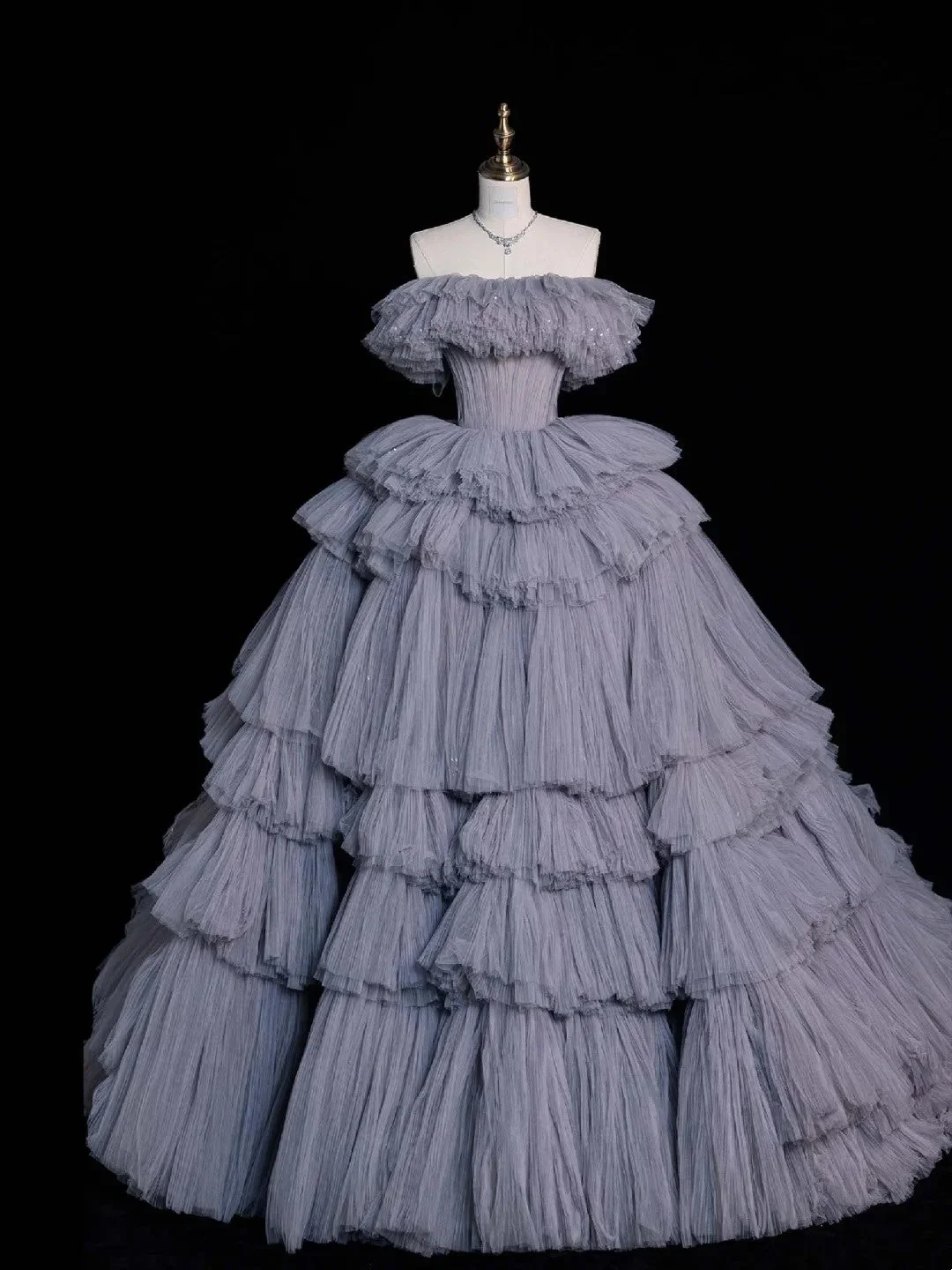 Modest Ball Gown Off The Shoulder Grey Blue Tulle Layered Birthday Quinceanera Dress Sweet 16 Dress D4529