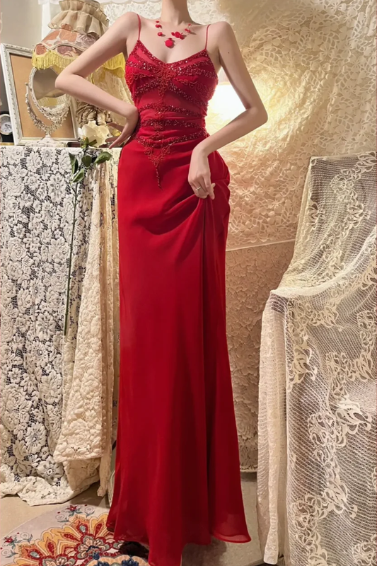 Charming Spaghetti Straps Red Chiffon Beaded Mermaid Long Party Dress Prom Gown D2131