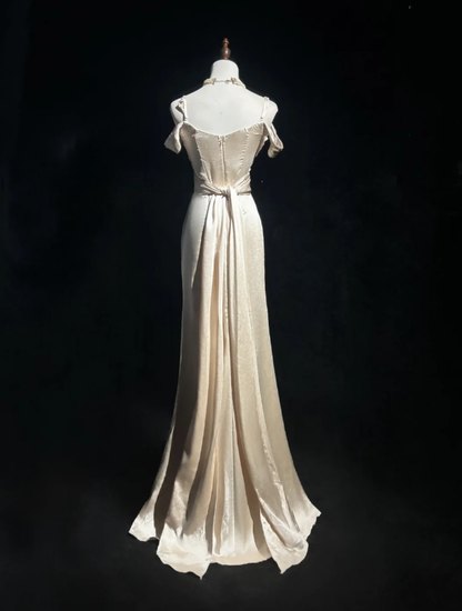 Elegant Light Champagne Off The Shoulder Formal Wedding Guest Dress Long Mermaid Slit Evening Dress Party Dress D2065