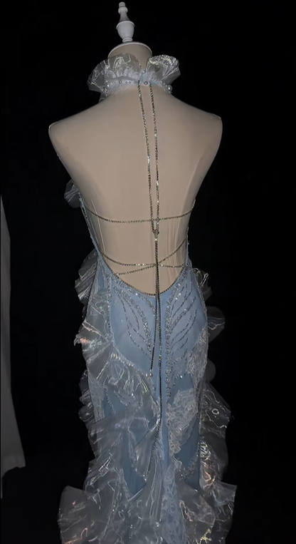 Glamorous Halter Satin Beaded Tulle Ruffles Mermaid Evening Dress Light Blue Backless Party Dress D5166